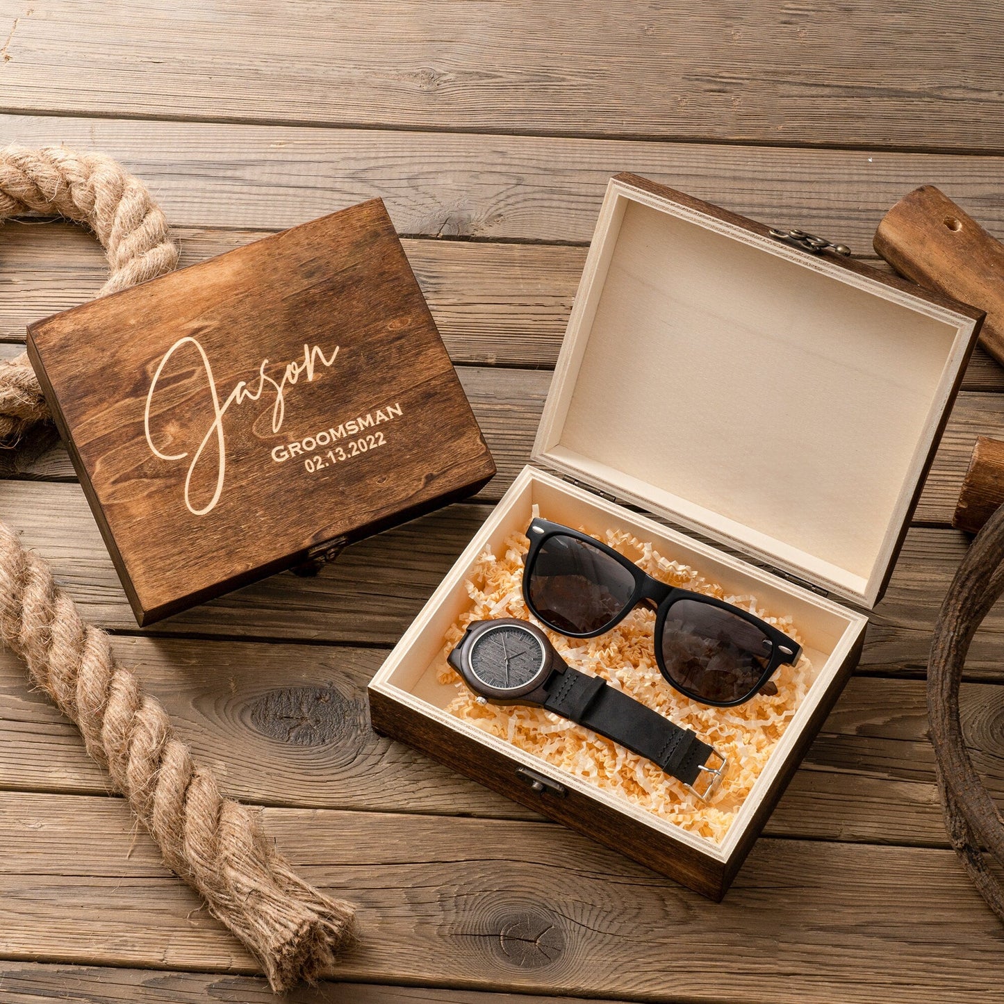 Groomsmen Gifts Set, Personalized Watch & Sunglasses in Custom Wooden Gift Box, Groomsmen Proposal Gift, Groomsmen Flask, Best Man Gifts