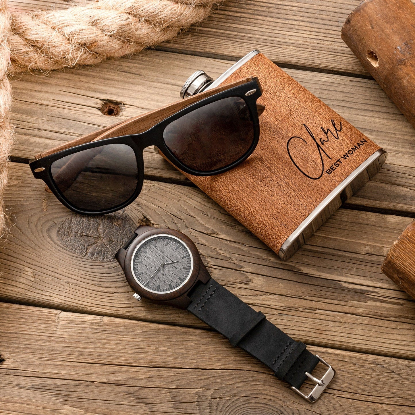 Groomsmen Gifts Set, Personalized Watch & Sunglasses in Custom Wooden Gift Box, Groomsmen Proposal Gift, Groomsmen Flask, Best Man Gifts