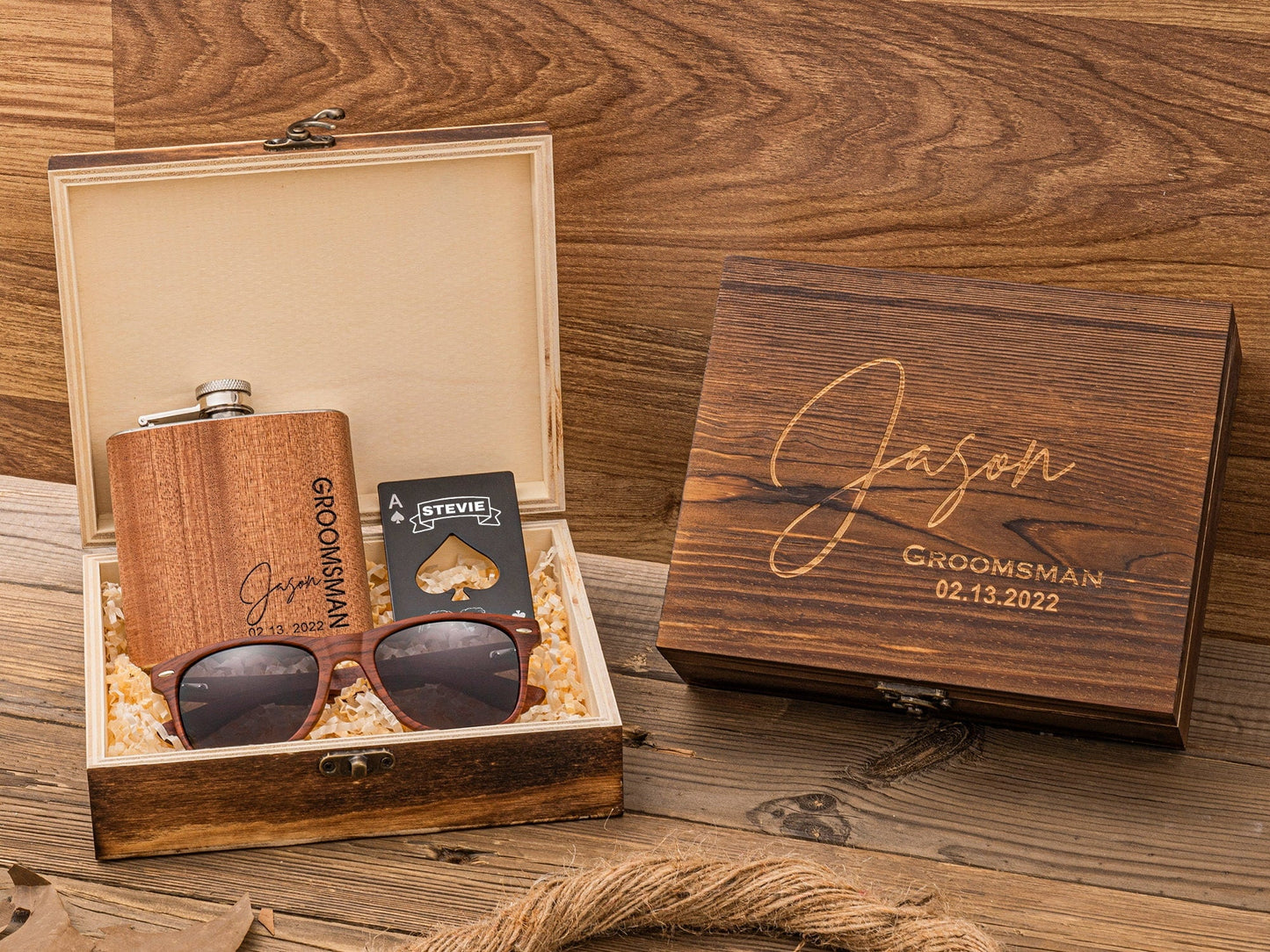 Personalized Wood Sunglasses, Groomsmen Proposal Gifts Set, Engraved Bottle Opener & Flask in Groomsman Gift Box, Best Man Gift, Groom Gift