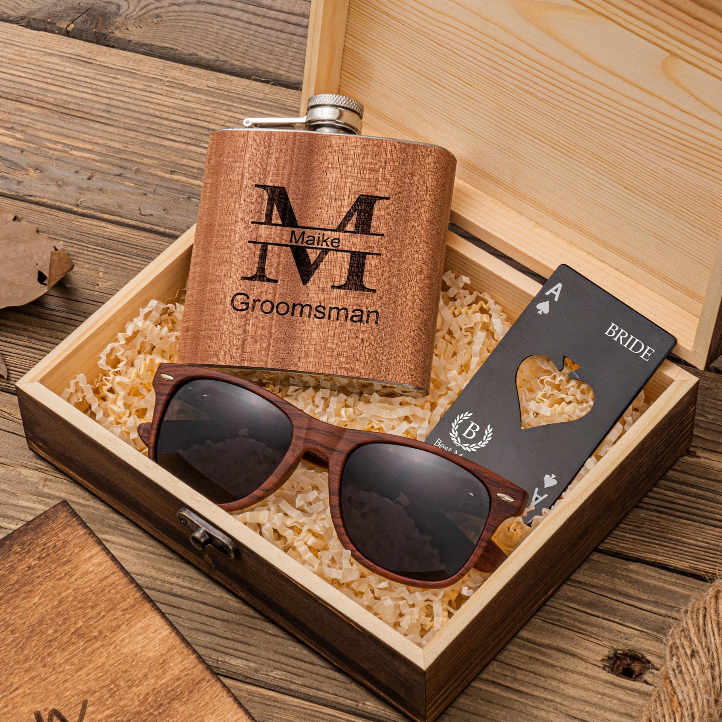 Personalized Wood Sunglasses, Groomsmen Proposal Gifts Set, Engraved Bottle Opener & Flask in Groomsman Gift Box, Best Man Gift, Groom Gift