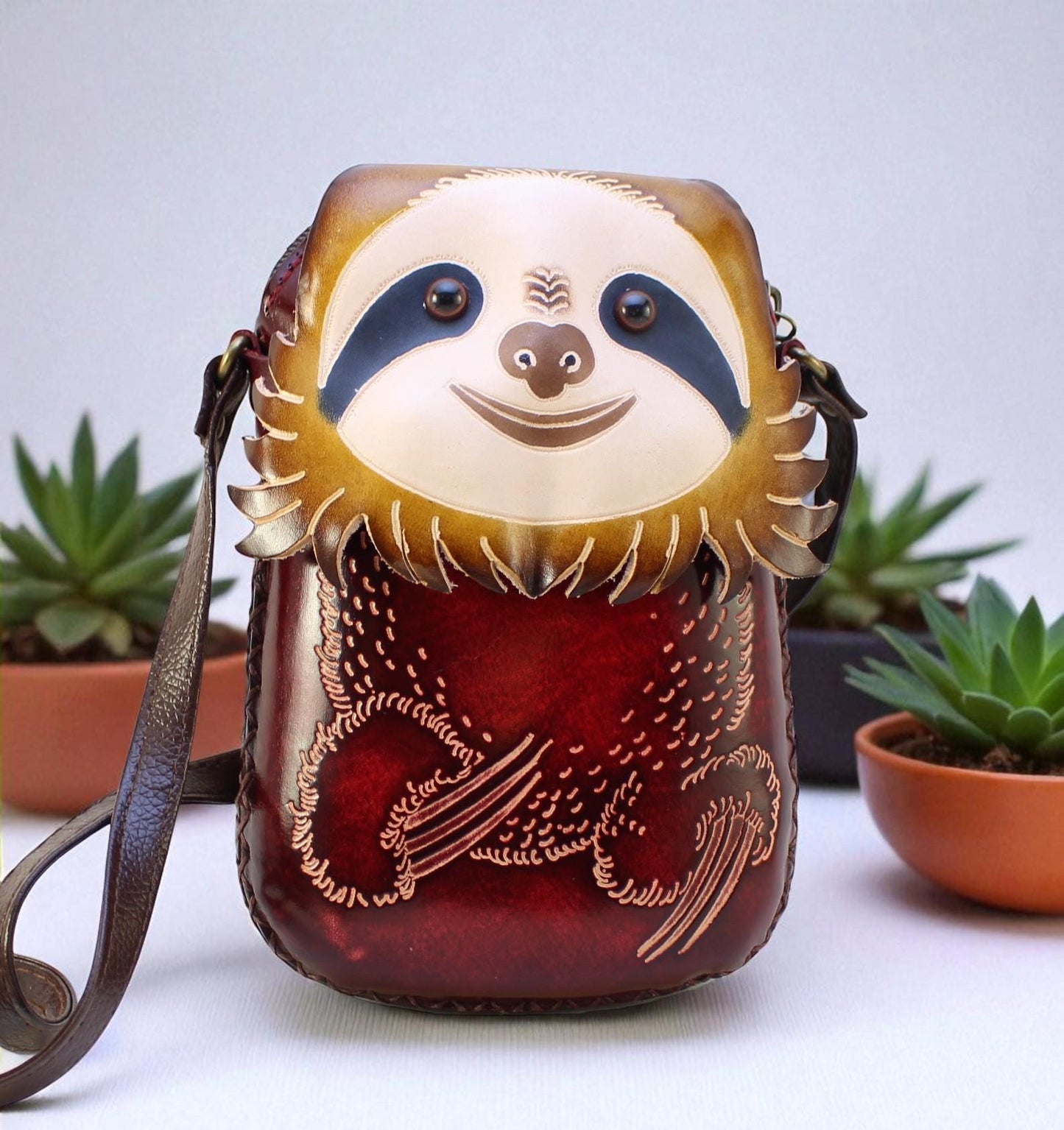 Handmade Leather Sloth Purse: Crossbody Bag