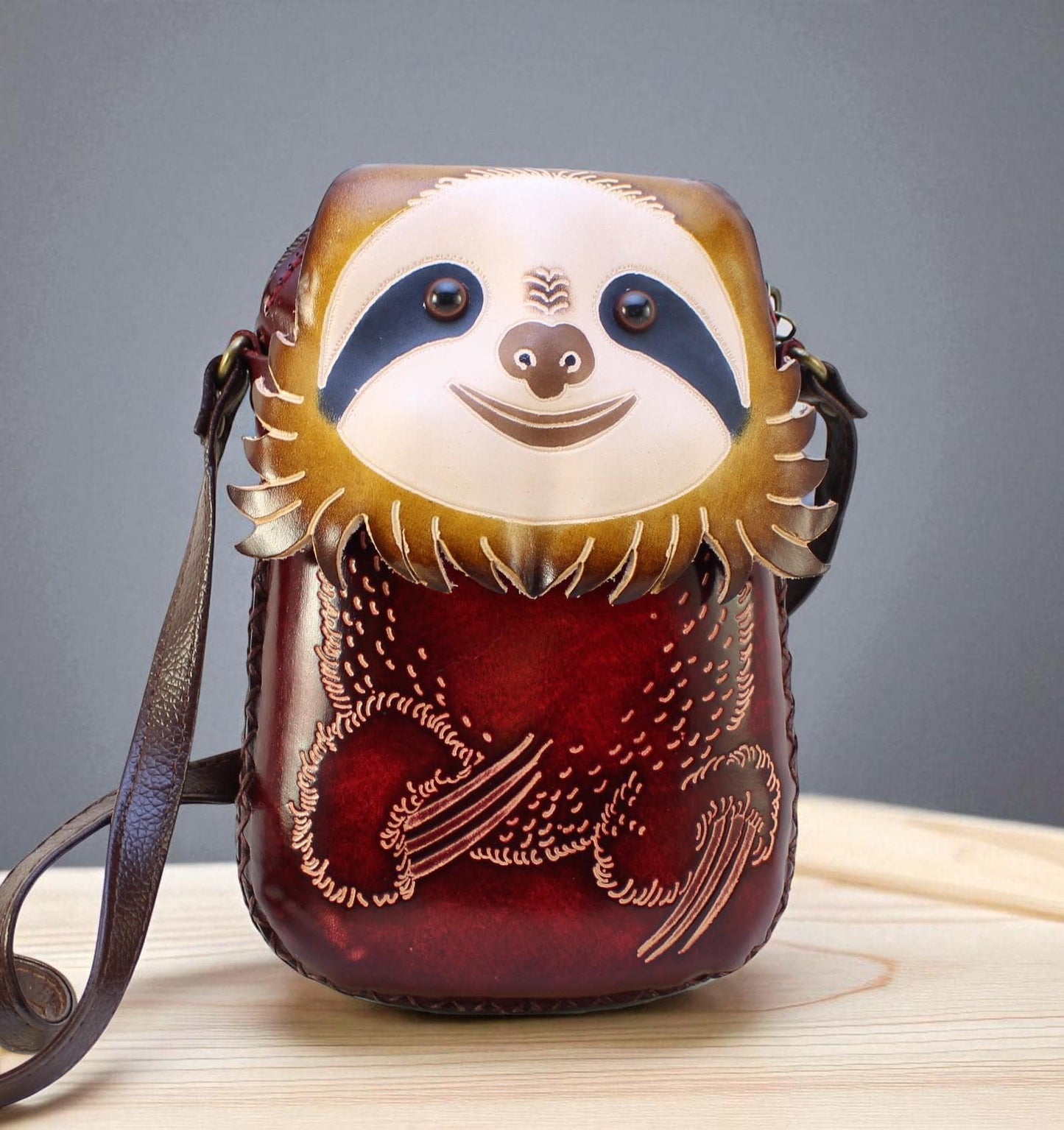Handmade Leather Sloth Purse: Crossbody Bag