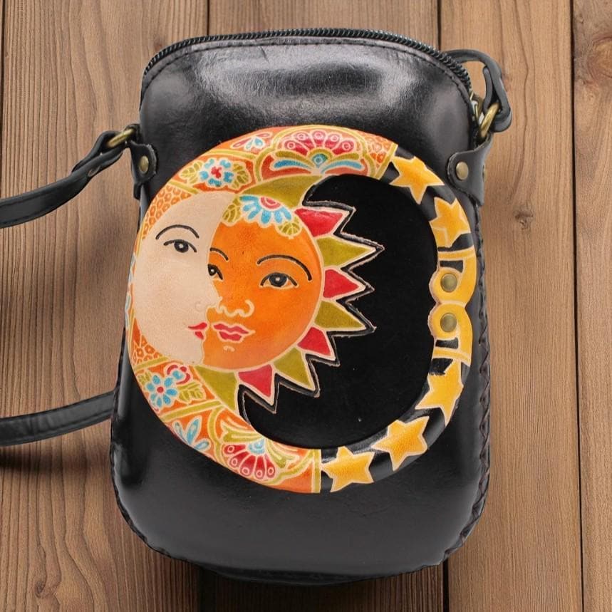 Handmade Leather Sun & Moon Crossbody Bag: Themed Mini Purse