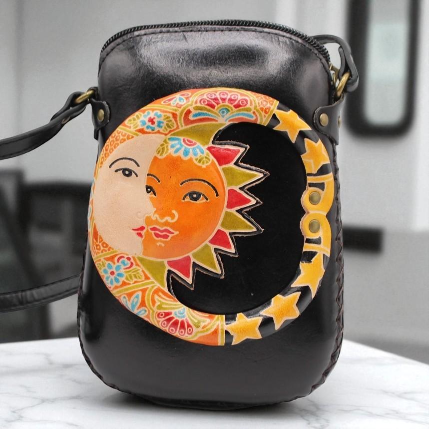 Handmade Leather Sun & Moon Crossbody Bag: Themed Mini Purse