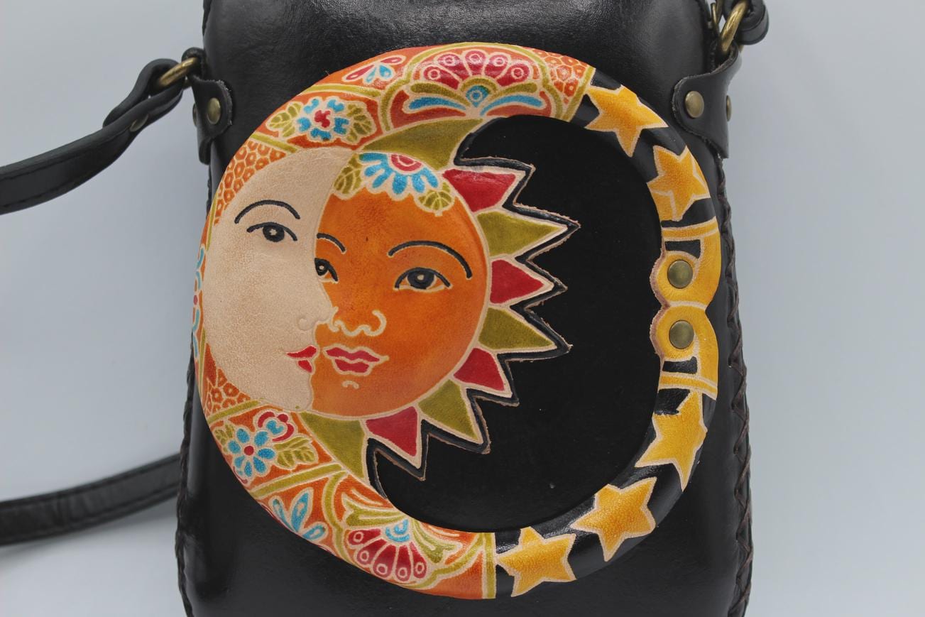 Handmade Leather Sun & Moon Crossbody Bag: Themed Mini Purse