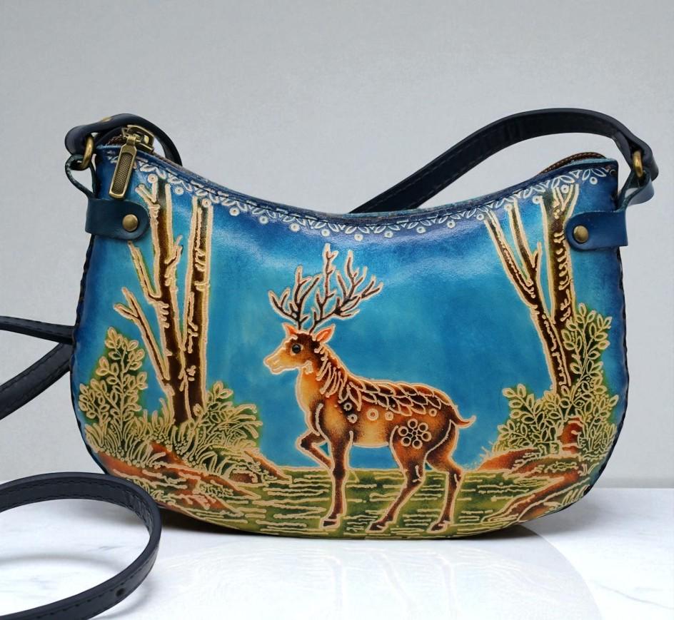 Handmade Leather Deer Crossbody Purse: Blue Animal-Themed Mini Bag
