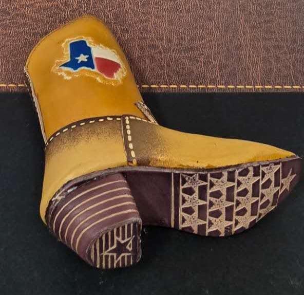 Handmade Leather Cowboy Boot Decor: Rustic Texas Map Ornament
