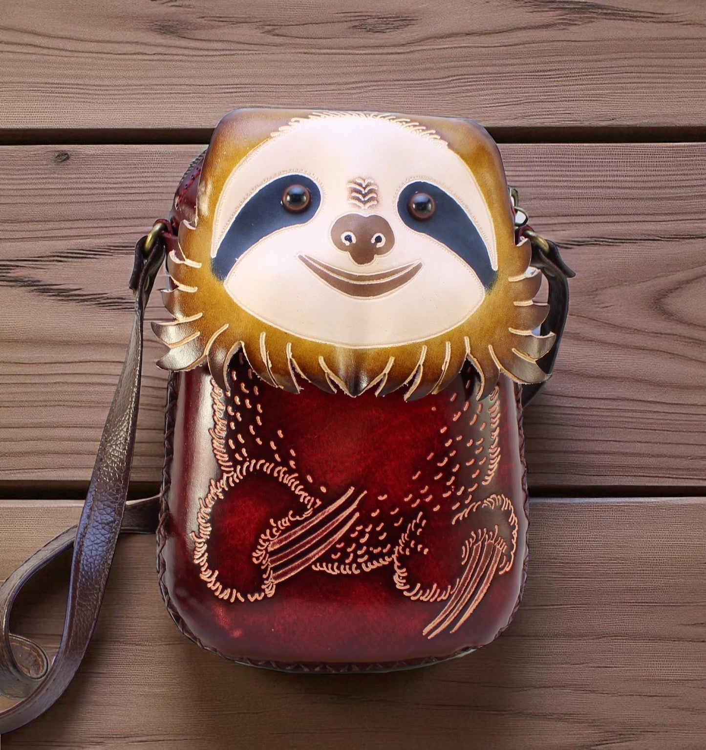 Handmade Leather Sloth Purse: Crossbody Bag