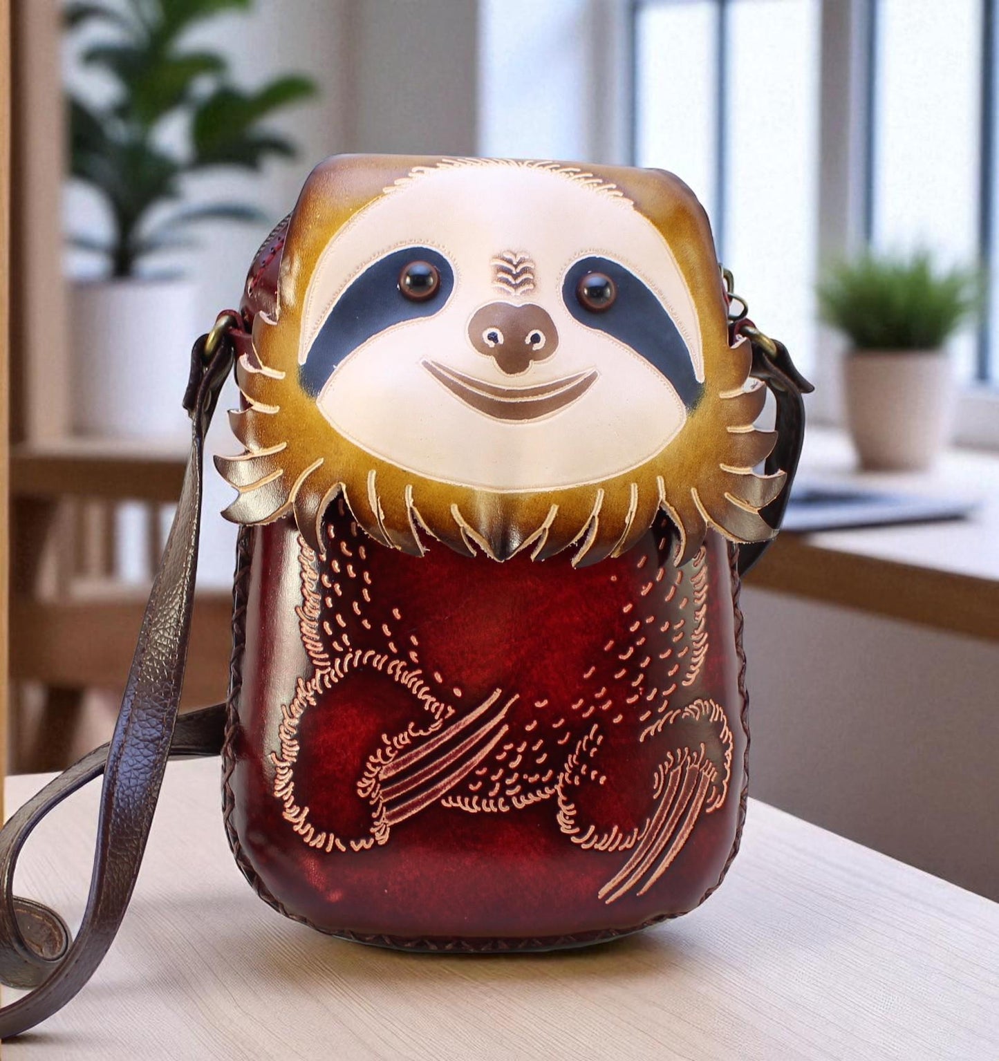 Handmade Leather Sloth Purse: Crossbody Bag