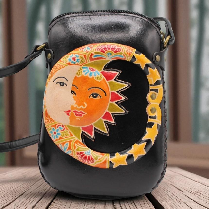 Handmade Leather Sun & Moon Crossbody Bag: Themed Mini Purse