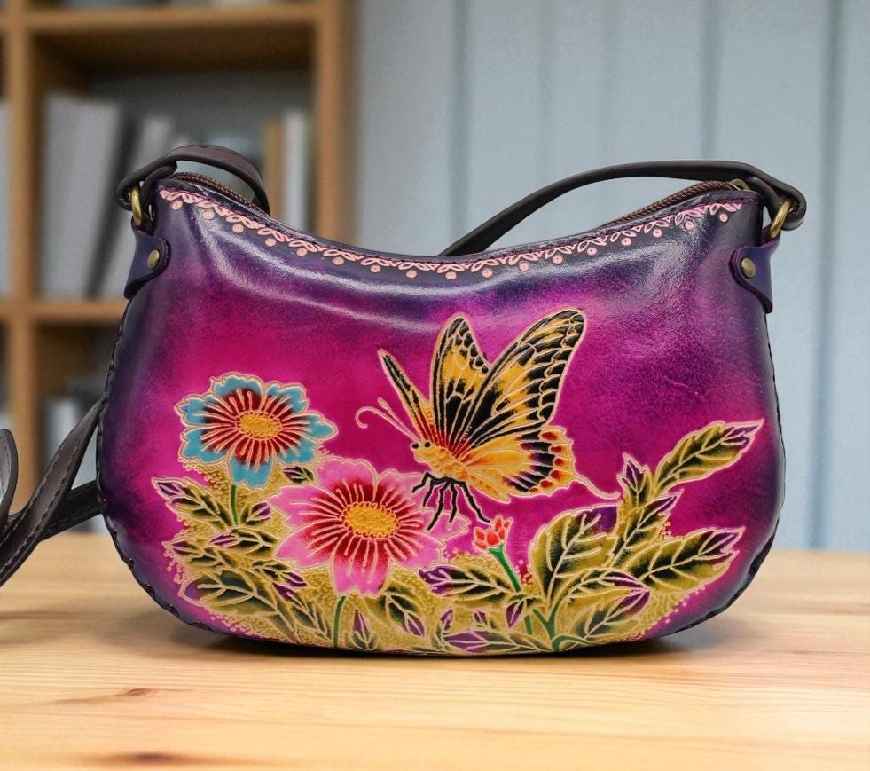 Handmade Leather Butterfly Crossbody Purse: Animal-Themed Mini Bag