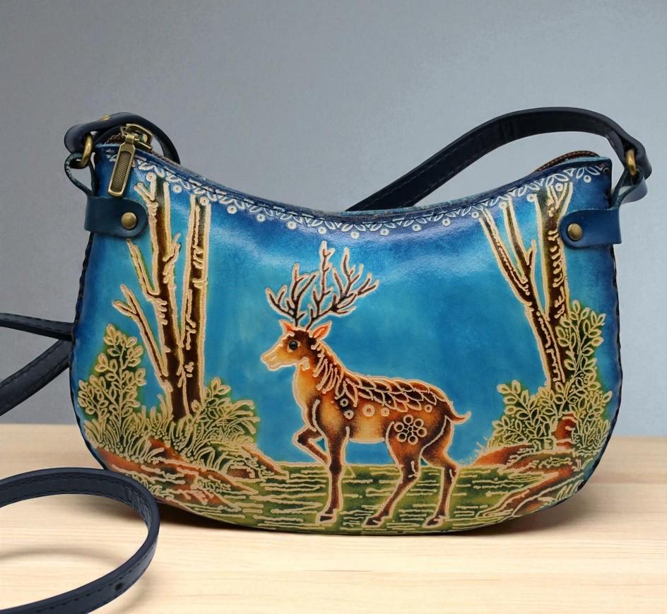 Handmade Leather Deer Crossbody Purse: Blue Animal-Themed Mini Bag