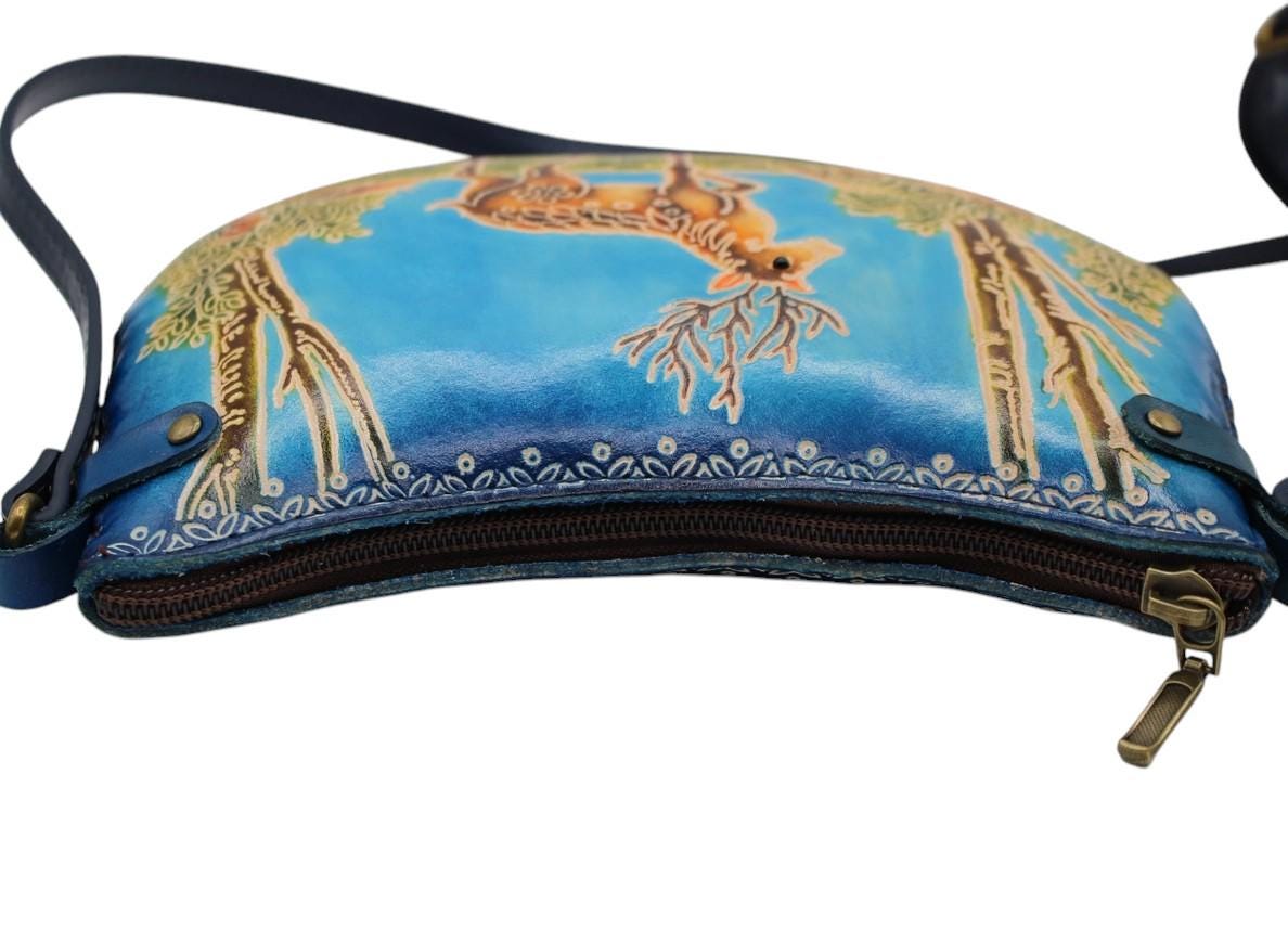 Handmade Leather Deer Crossbody Purse: Blue Animal-Themed Mini Bag