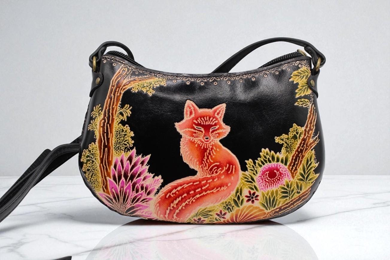 Handmade Leather Fox Crossbody Bag: Animal-Themed Mini Purse