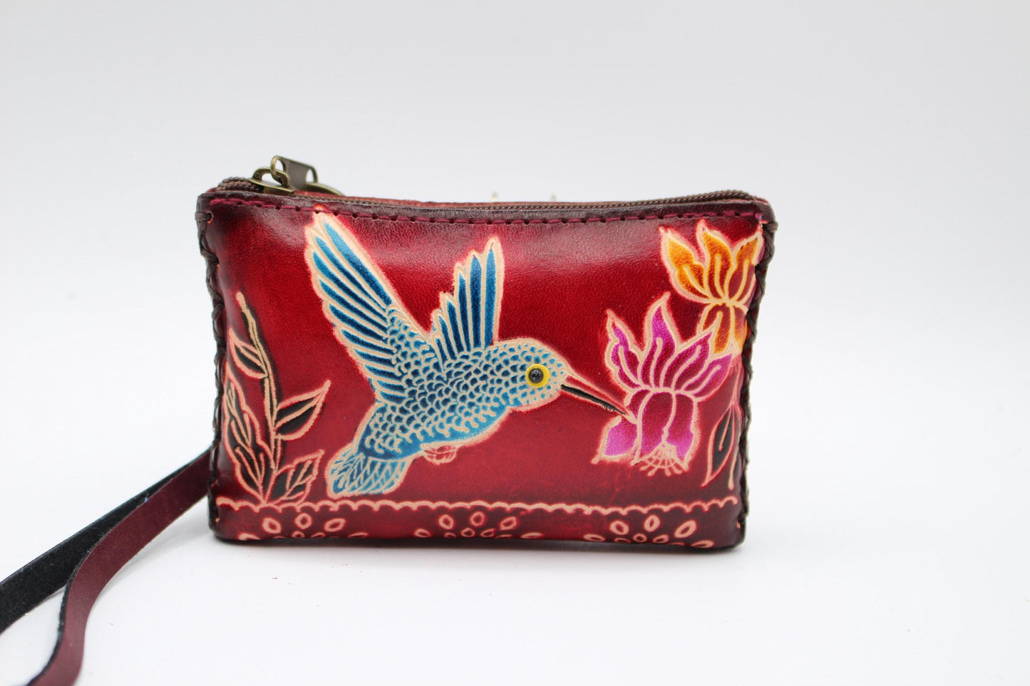 Handmade Leather Hummingbird Coin Purse: Mini Wallet Card Holder