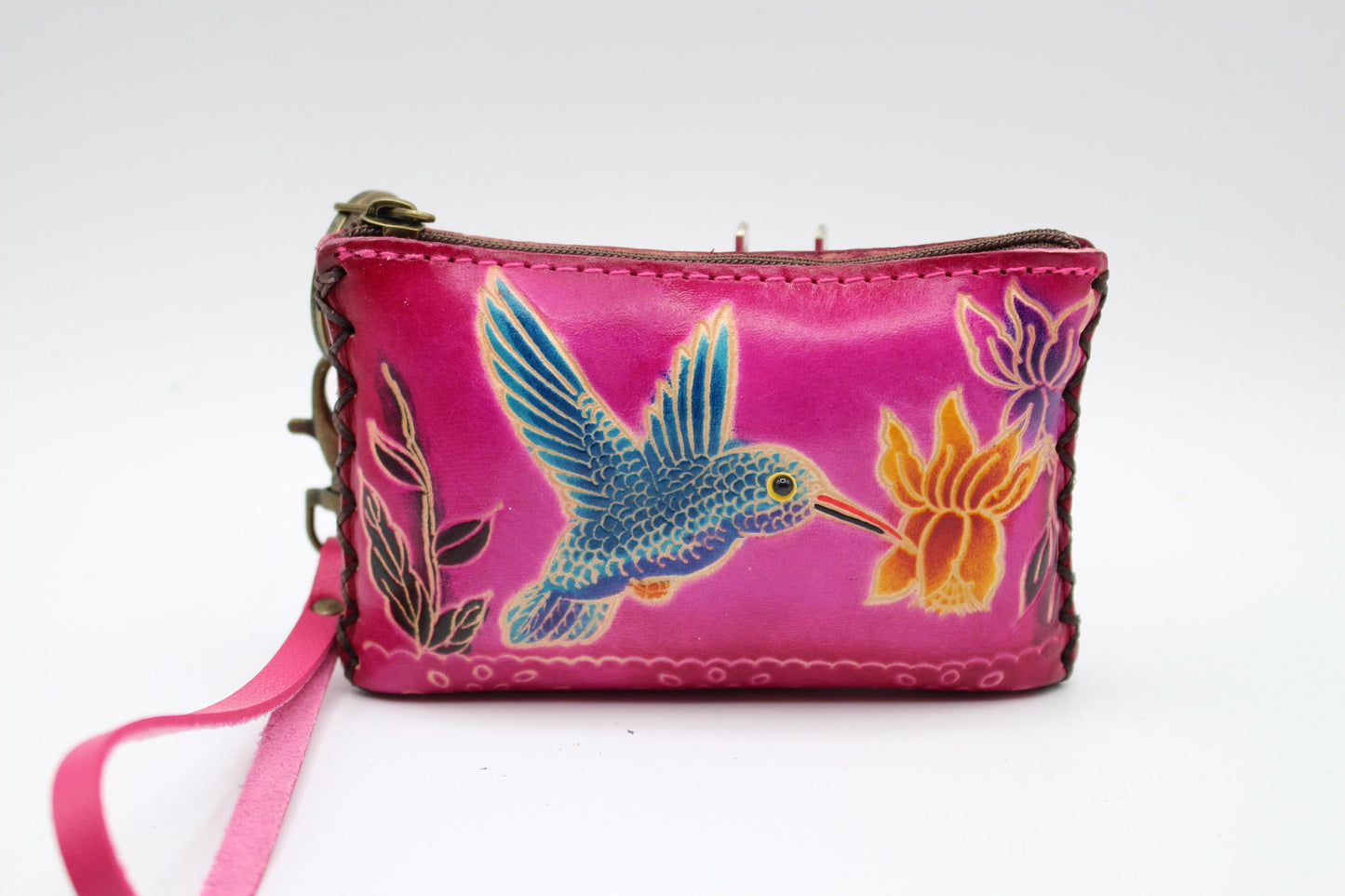 Handmade Leather Hummingbird Coin Purse: Mini Wallet Card Holder