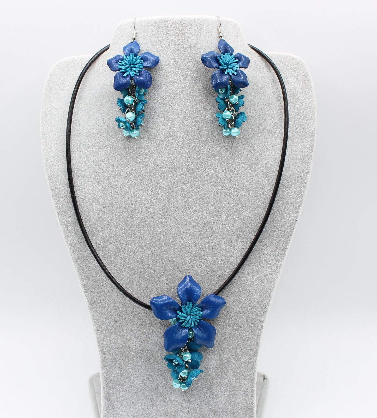 Genuine Handmade Leather Flower Necklace with Earrings Set Cobalt & Turquoise Floral Jewelry Set Necklace Earrings