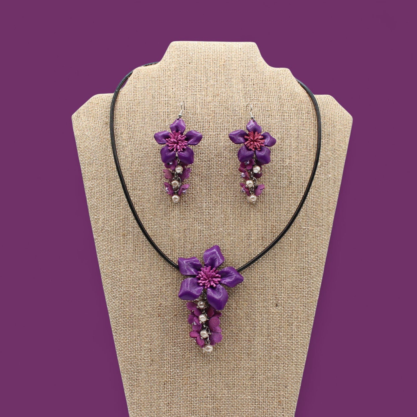 Genuine Handmade Leather Flower Necklace with Earrings Set Jewelry Set Necklace Earrings purple