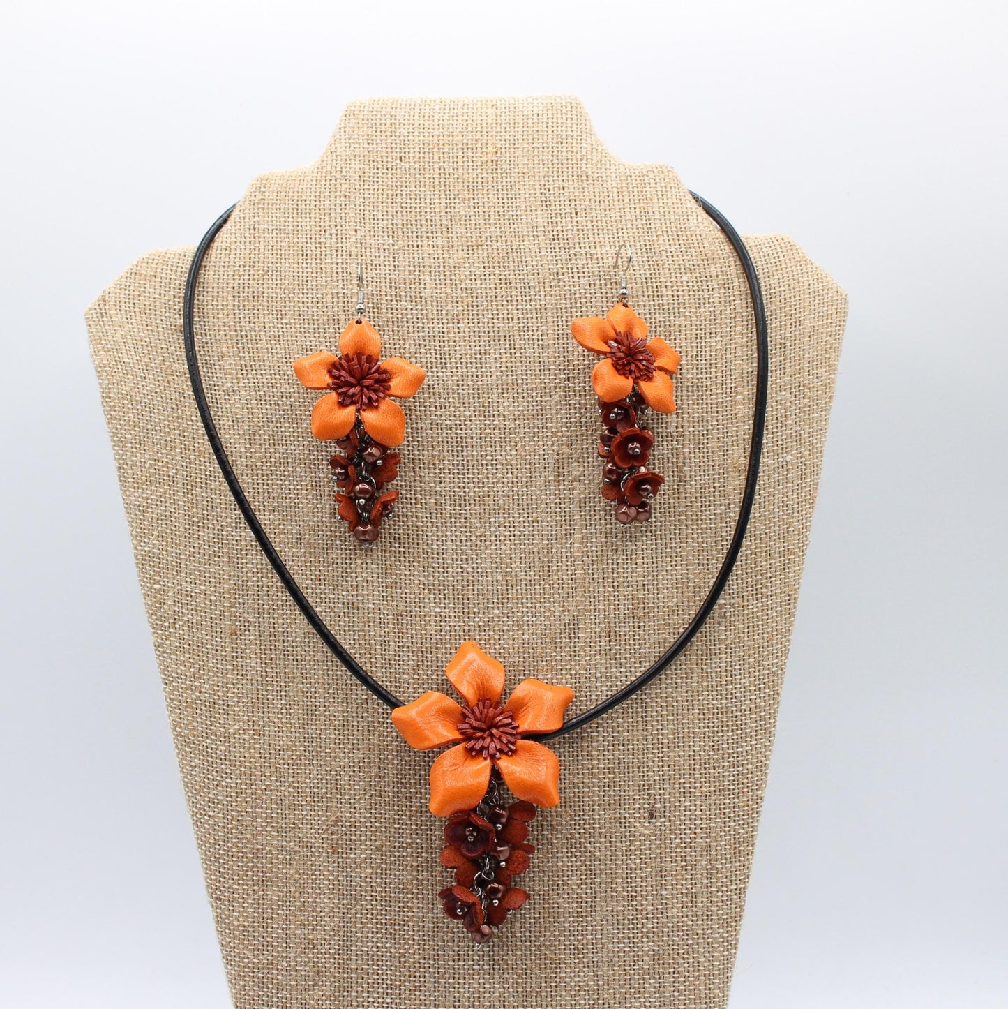 Genuine Handmade Leather Flower Necklace with Earrings Set Jewelry Set Necklace Earrings orange harvest Halloween jewelry