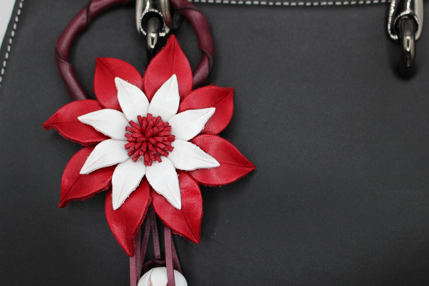 Genuine Handmade Leather Flower Keychain daisy purse charm bag charm (red and White)