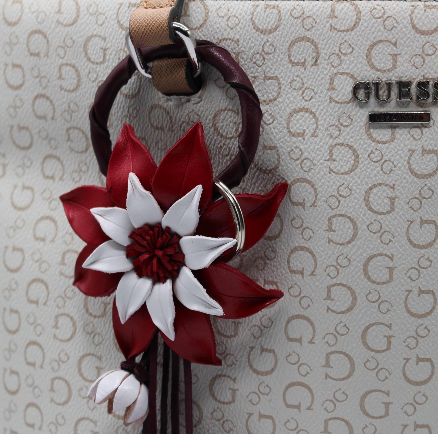 Genuine Handmade Leather Flower Keychain daisy purse charm bag charm (red and White)