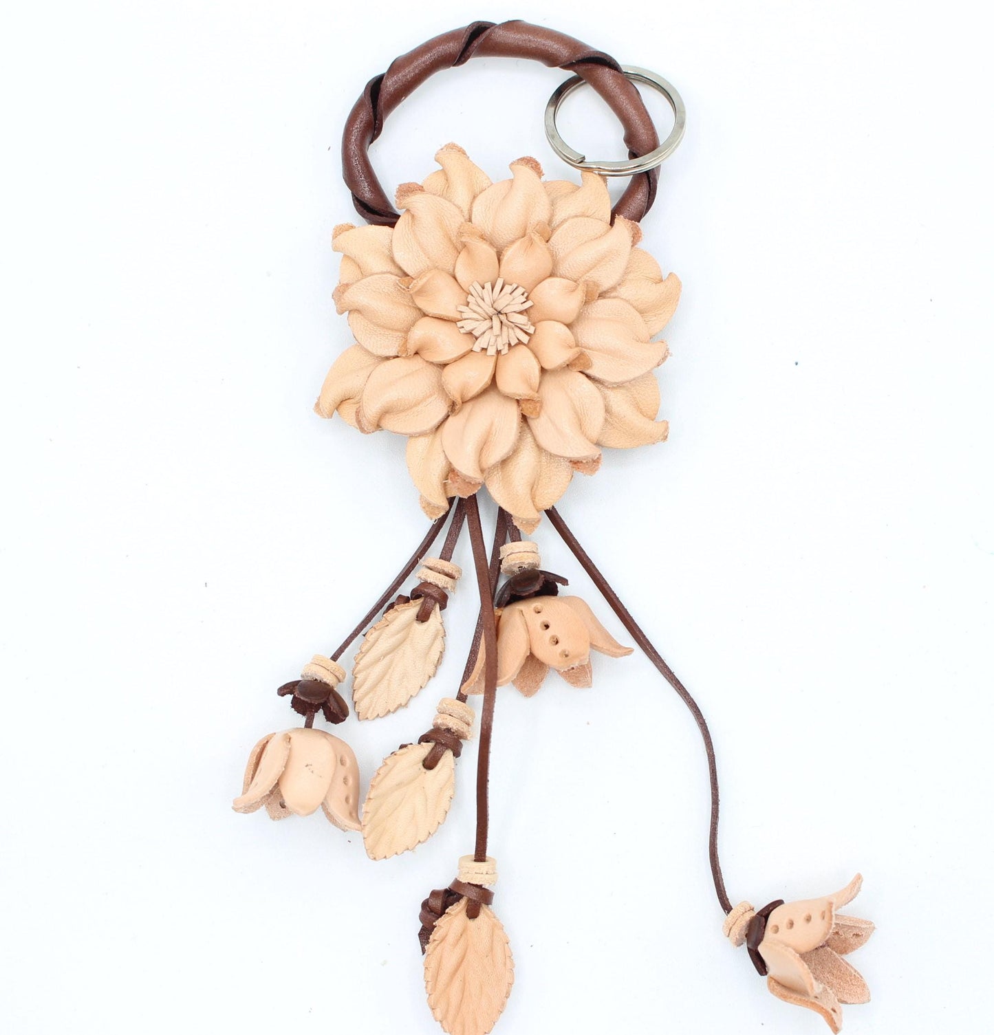 Genuine Handmade Leather Flower Keychain daisy purse charm bag charm natural color