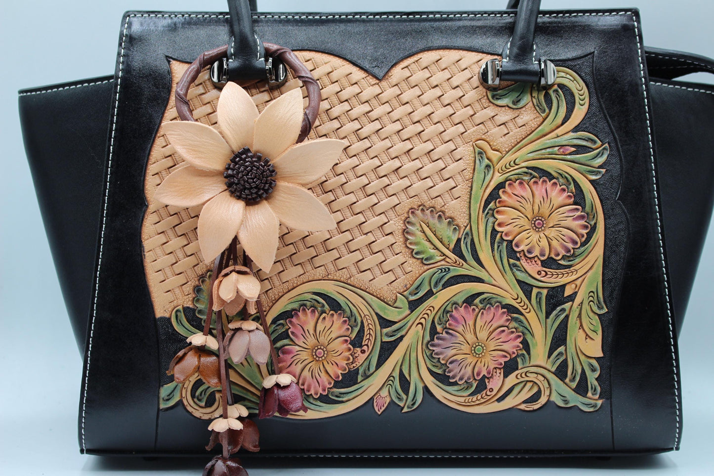 Genuine Handmade Leather Flower Keychain daisy white purse charm bag charm natural