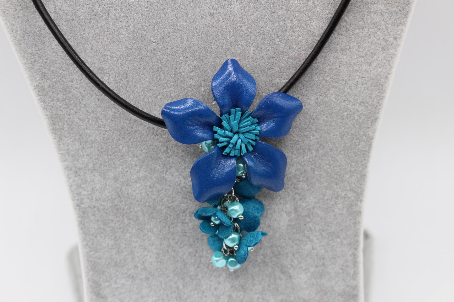 Genuine Handmade Leather Flower Necklace with Earrings Set Cobalt & Turquoise Floral Jewelry Set Necklace Earrings