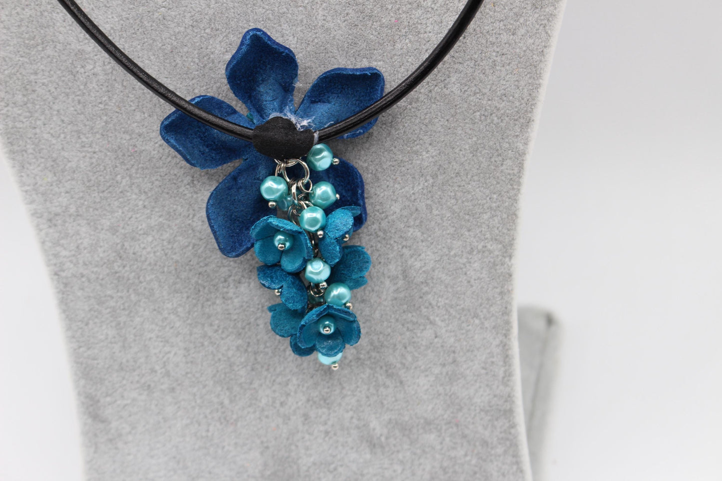 Genuine Handmade Leather Flower Necklace with Earrings Set Cobalt & Turquoise Floral Jewelry Set Necklace Earrings