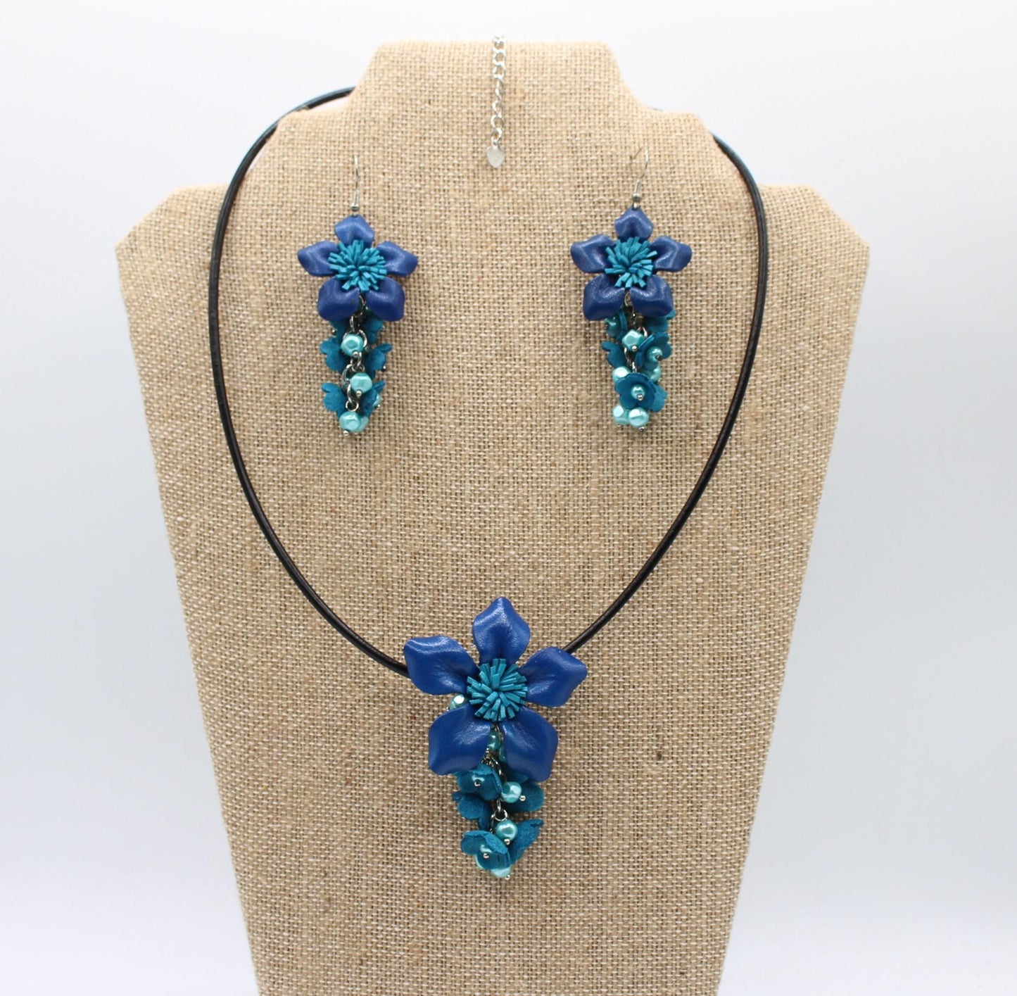 Genuine Handmade Leather Flower Necklace with Earrings Set Cobalt & Turquoise Floral Jewelry Set Necklace Earrings