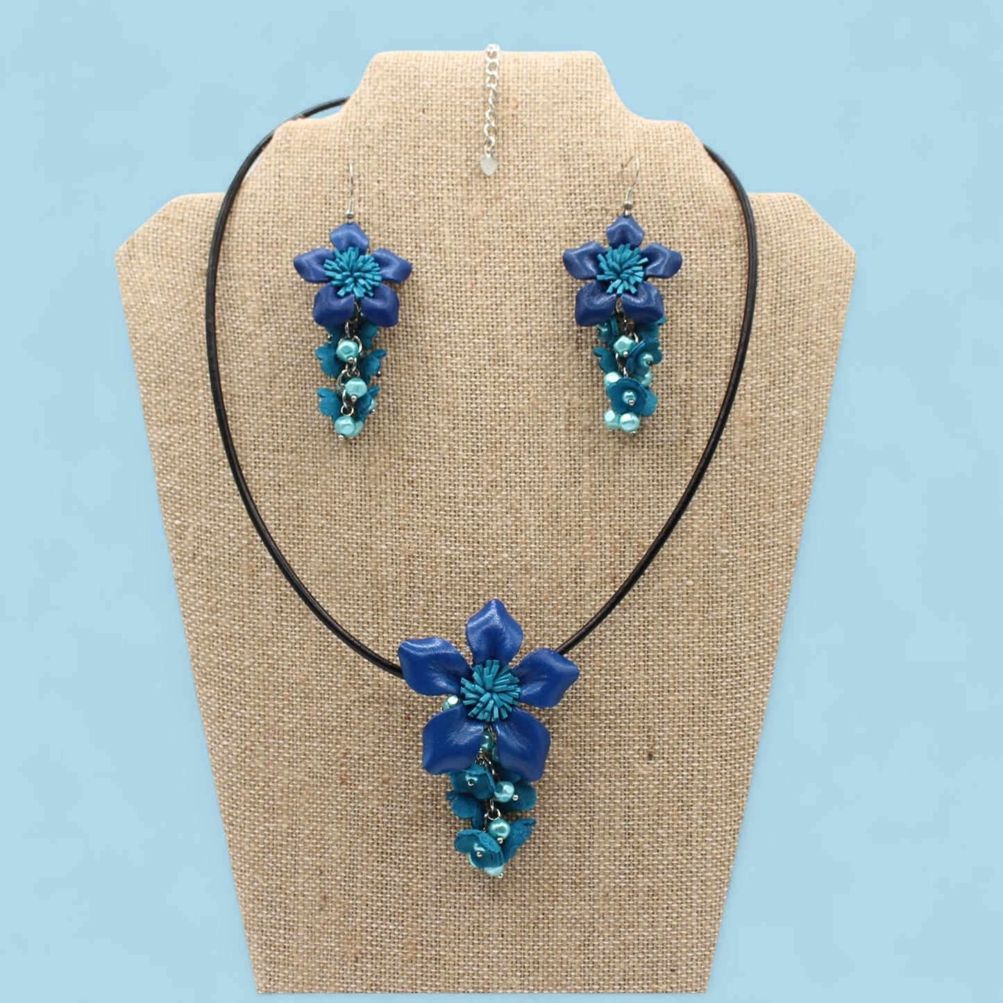Genuine Handmade Leather Flower Necklace with Earrings Set Cobalt & Turquoise Floral Jewelry Set Necklace Earrings