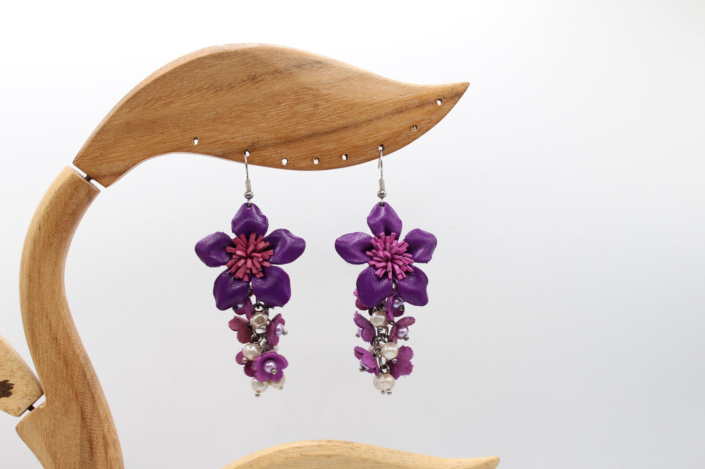 Genuine Handmade Leather Flower Necklace with Earrings Set Jewelry Set Necklace Earrings purple