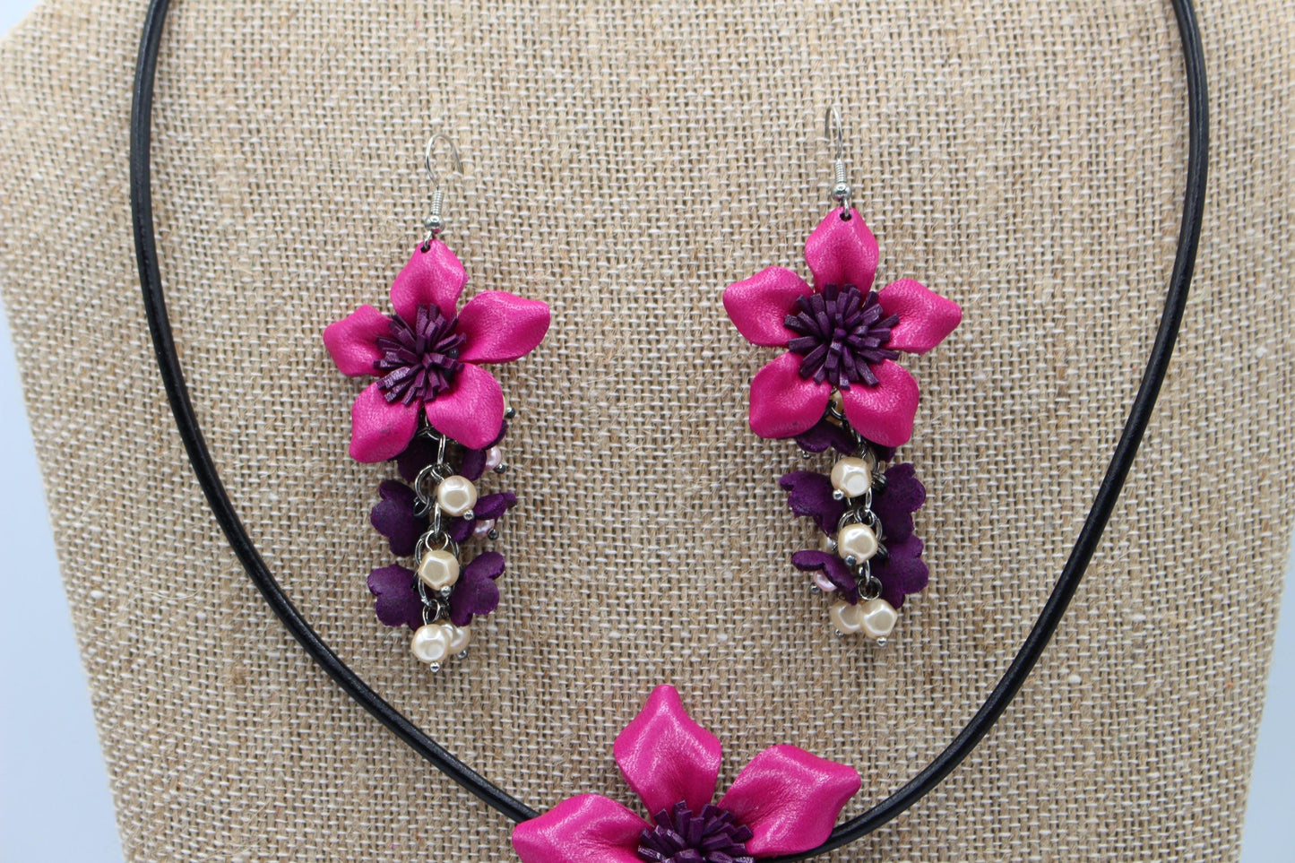 Genuine Handmade Leather Flower Necklace with Earrings Set Jewelry Set Necklace Earrings pink