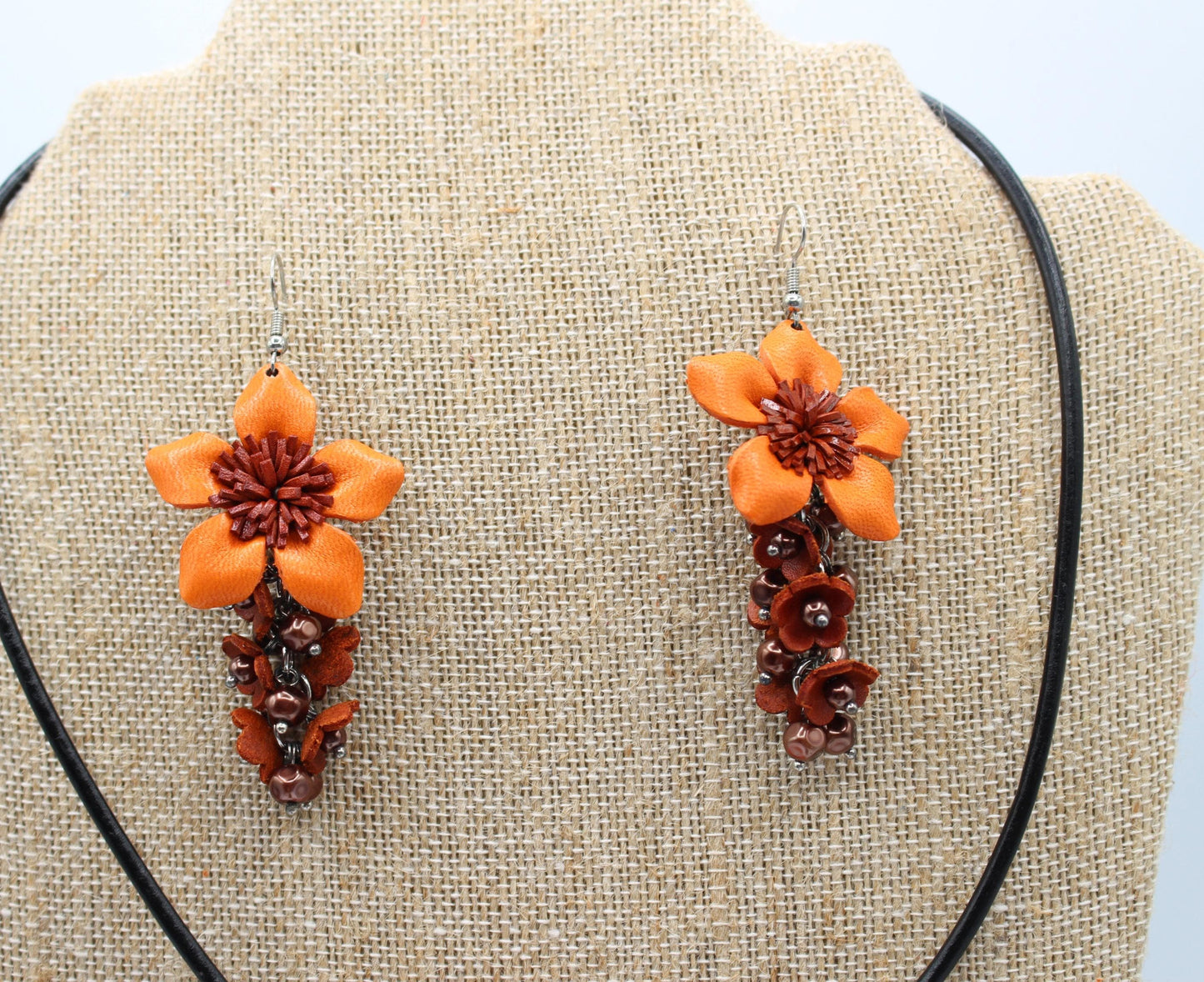 Genuine Handmade Leather Flower Necklace with Earrings Set Jewelry Set Necklace Earrings orange harvest Halloween jewelry