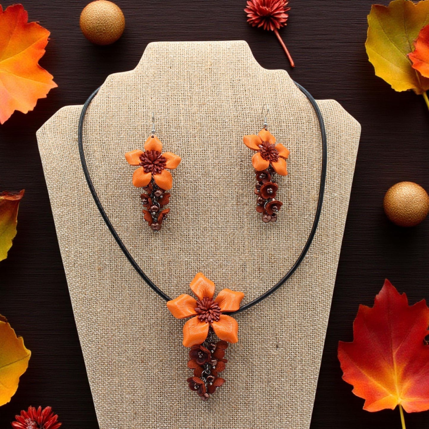 Genuine Handmade Leather Flower Necklace with Earrings Set Jewelry Set Necklace Earrings orange harvest Halloween jewelry