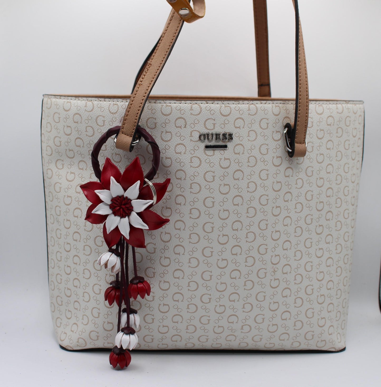 Genuine Handmade Leather Flower Keychain daisy purse charm bag charm (red and White)