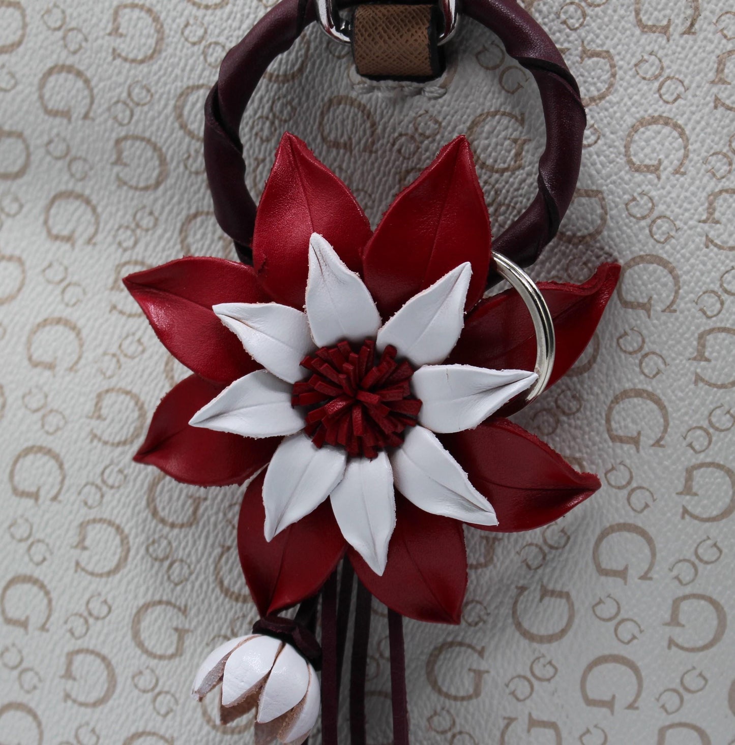 Genuine Handmade Leather Flower Keychain daisy purse charm bag charm (red and White)