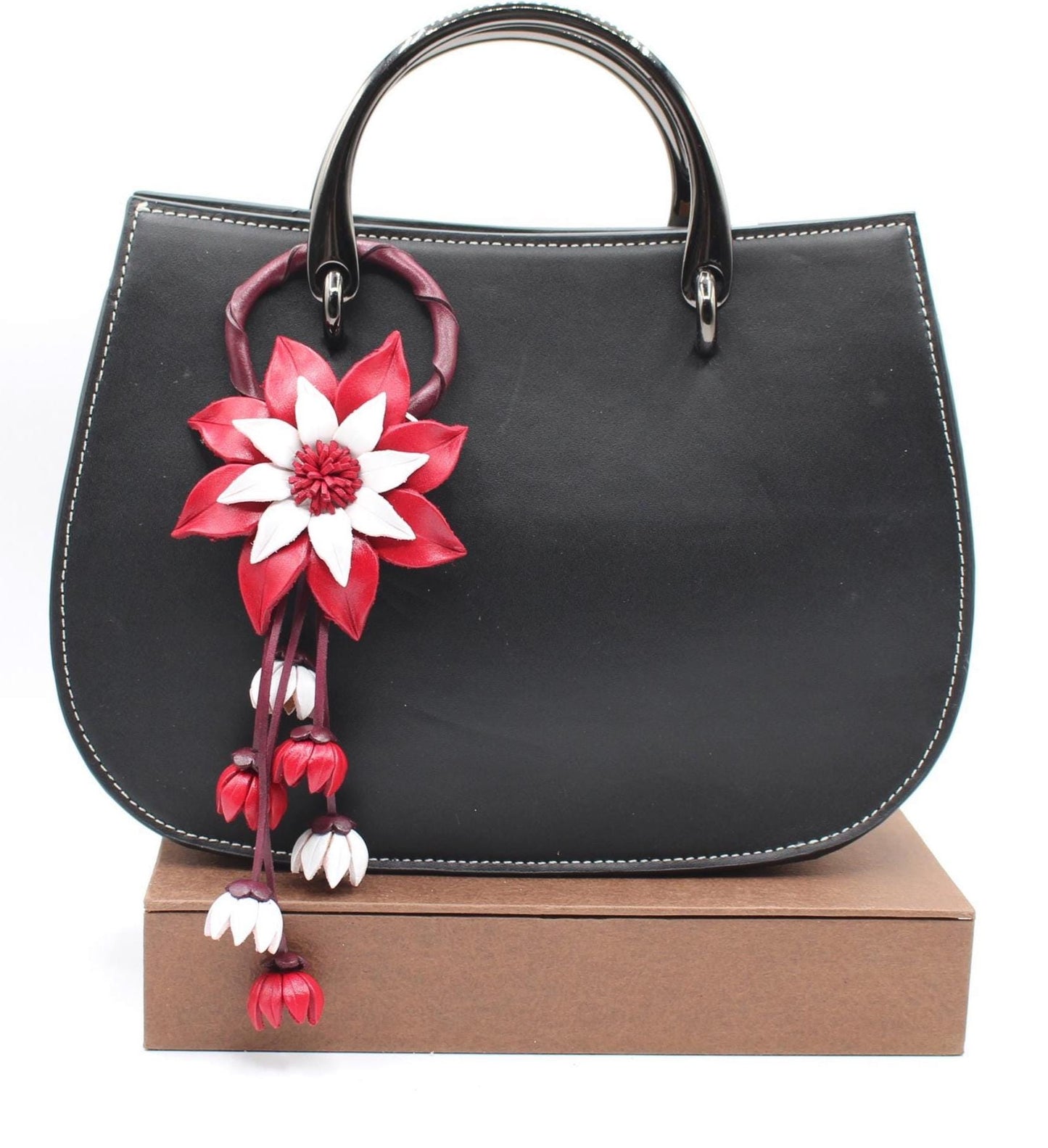 Genuine Handmade Leather Flower Keychain daisy purse charm bag charm (red and White)