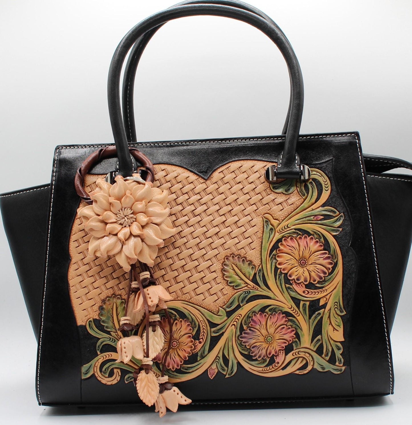 Genuine Handmade Leather Flower Keychain daisy purse charm bag charm natural color