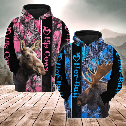 Moose Hunting-Combo Hoodie Couple 3D All over Printed Unisex (Blue/Pink) HM - Shirts