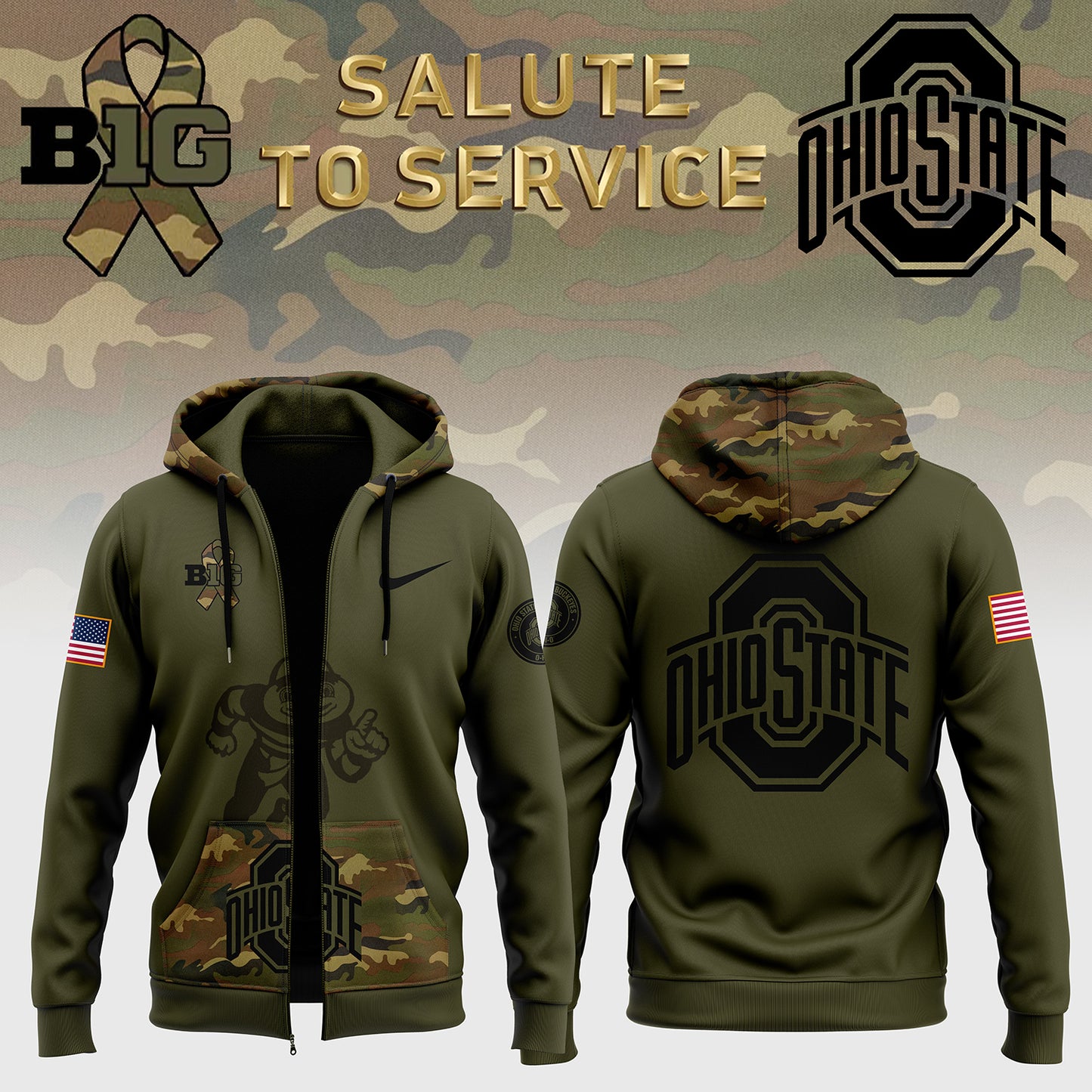 Ohio State Buckeyes Camo 2024 Salute to Service Club Fleece Pullover Zip Hoodie