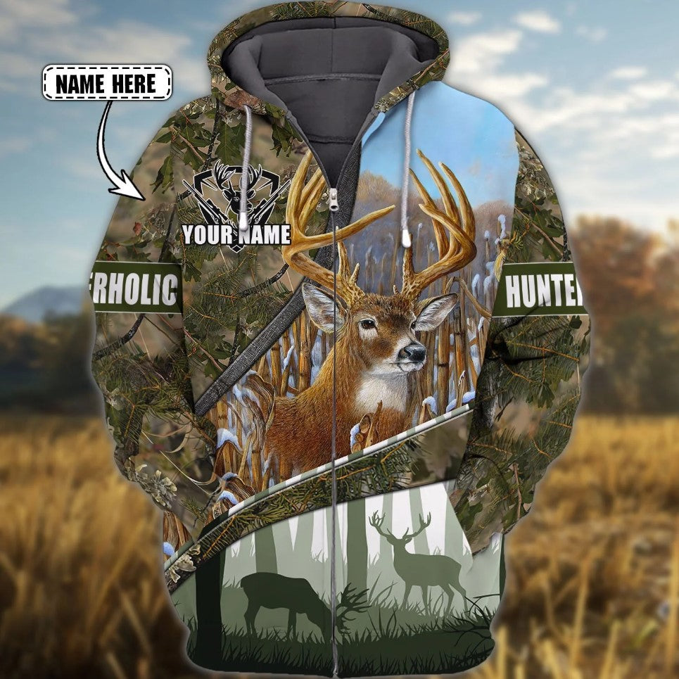 Custom Name Hunting Deer Huntaholic Shirt 3D All Over Printed Clothes