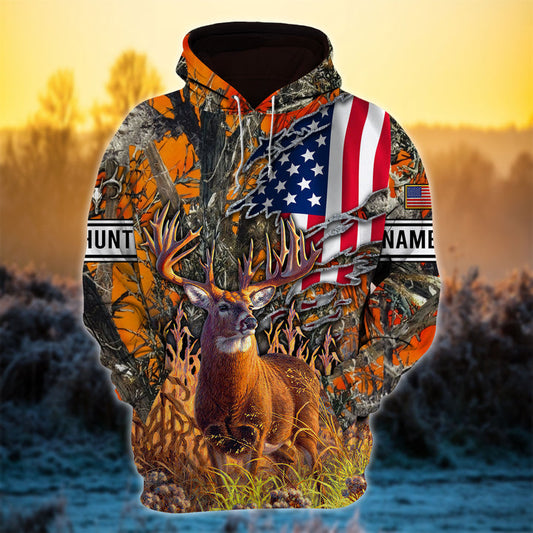 Custom Name Premium US Flag Ragged Camo Deer Hunting 3D All Over Printed Clothes