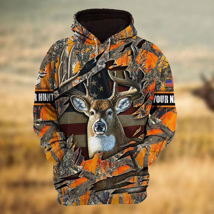 Custom Name US Flag Premium Loralle Cracked Deer Hunting 3D All Over Printed Clothes