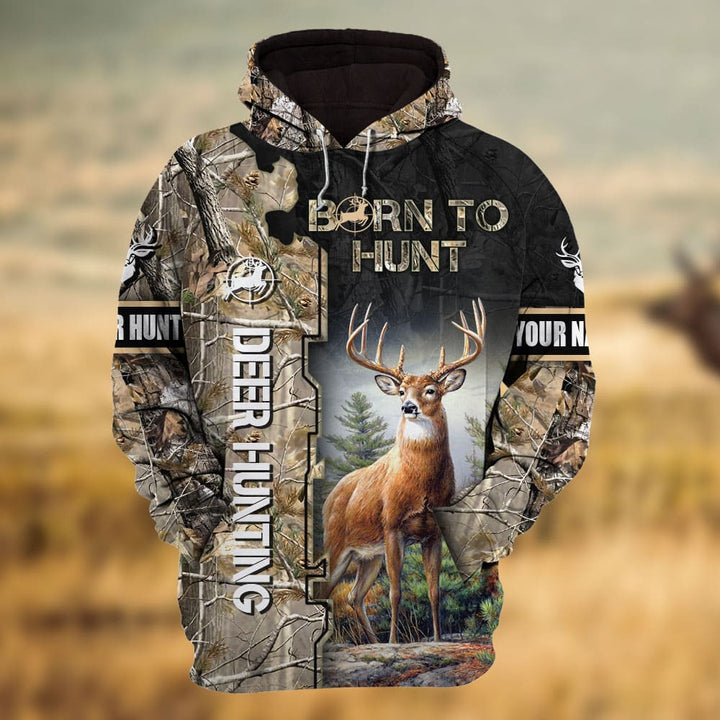 Max Corner Camouflage Brown Born To Hunt Deer Hunting Personalized 3D Hoodie For Hunting Lover