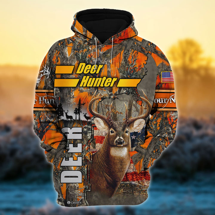 Custom Name US Flag Deer Hunting 3D All Over Printed Clothes