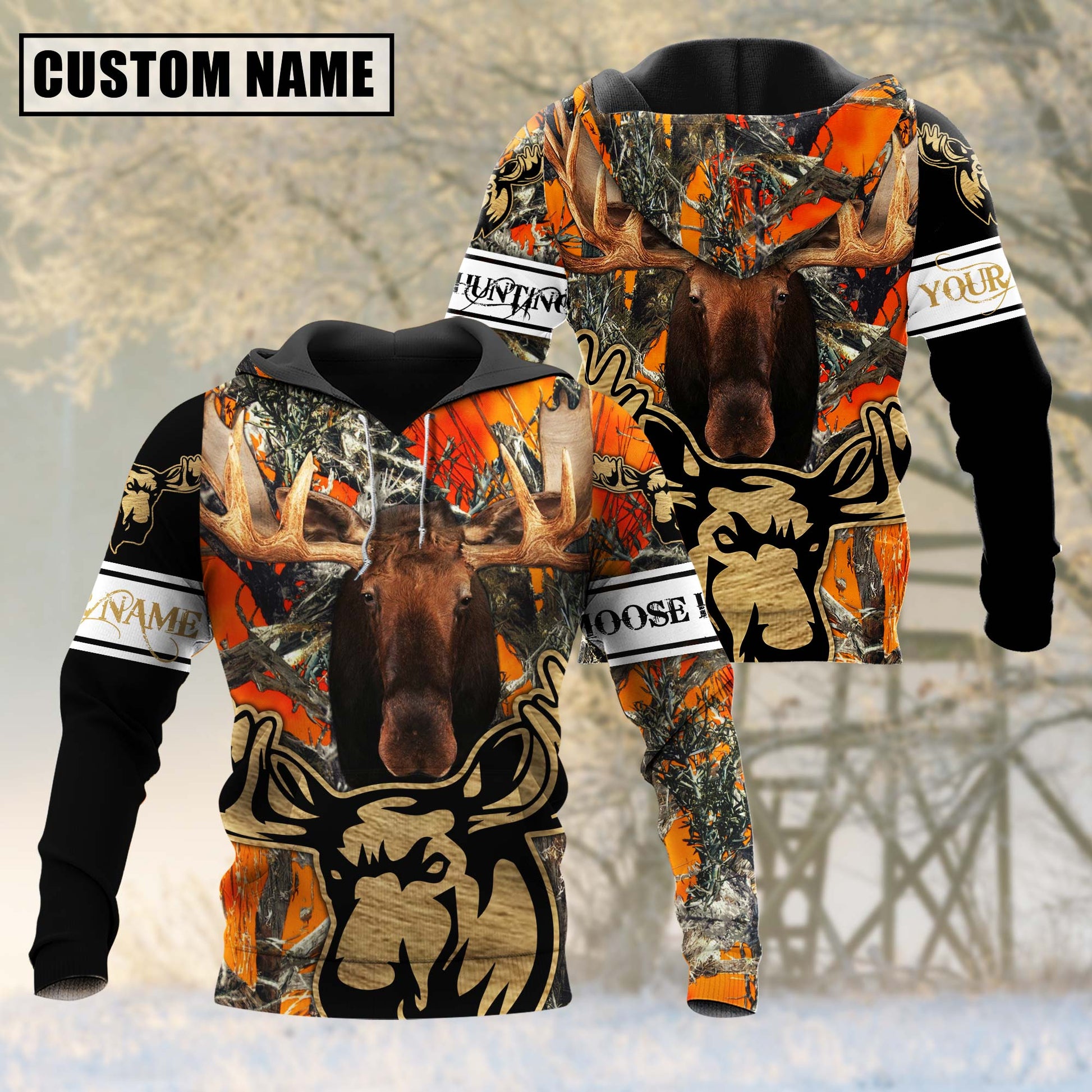 Custom Name Orange Camouflage Moose Hunting Shirt 3D All Over Printed Clothes