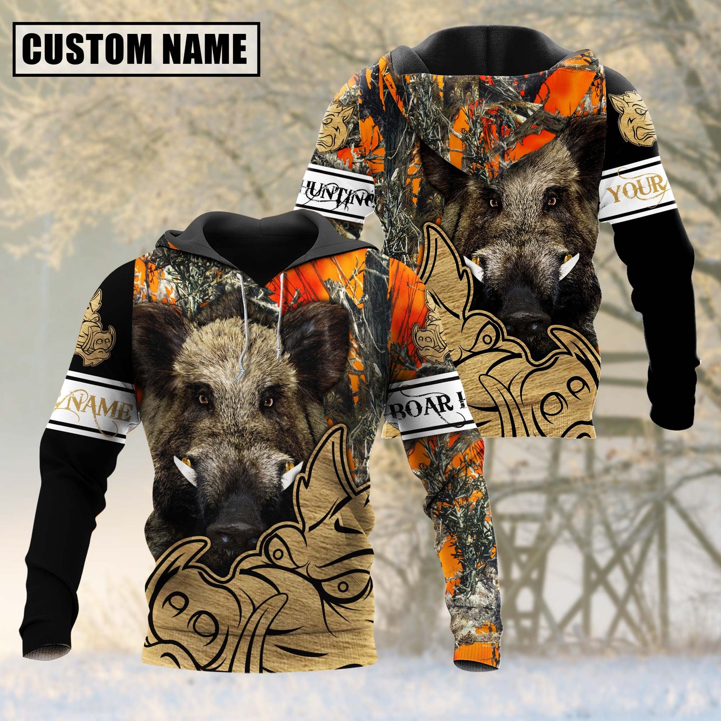 Custom Name Orange Camouflage Boar Hunting Shirt 3D All Over Printed Clothes