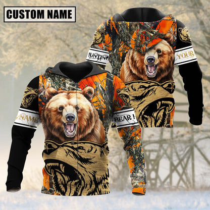 Custom Name Orange Camouflage Bear Hunting Shirt 3D All Over Printed Clothes