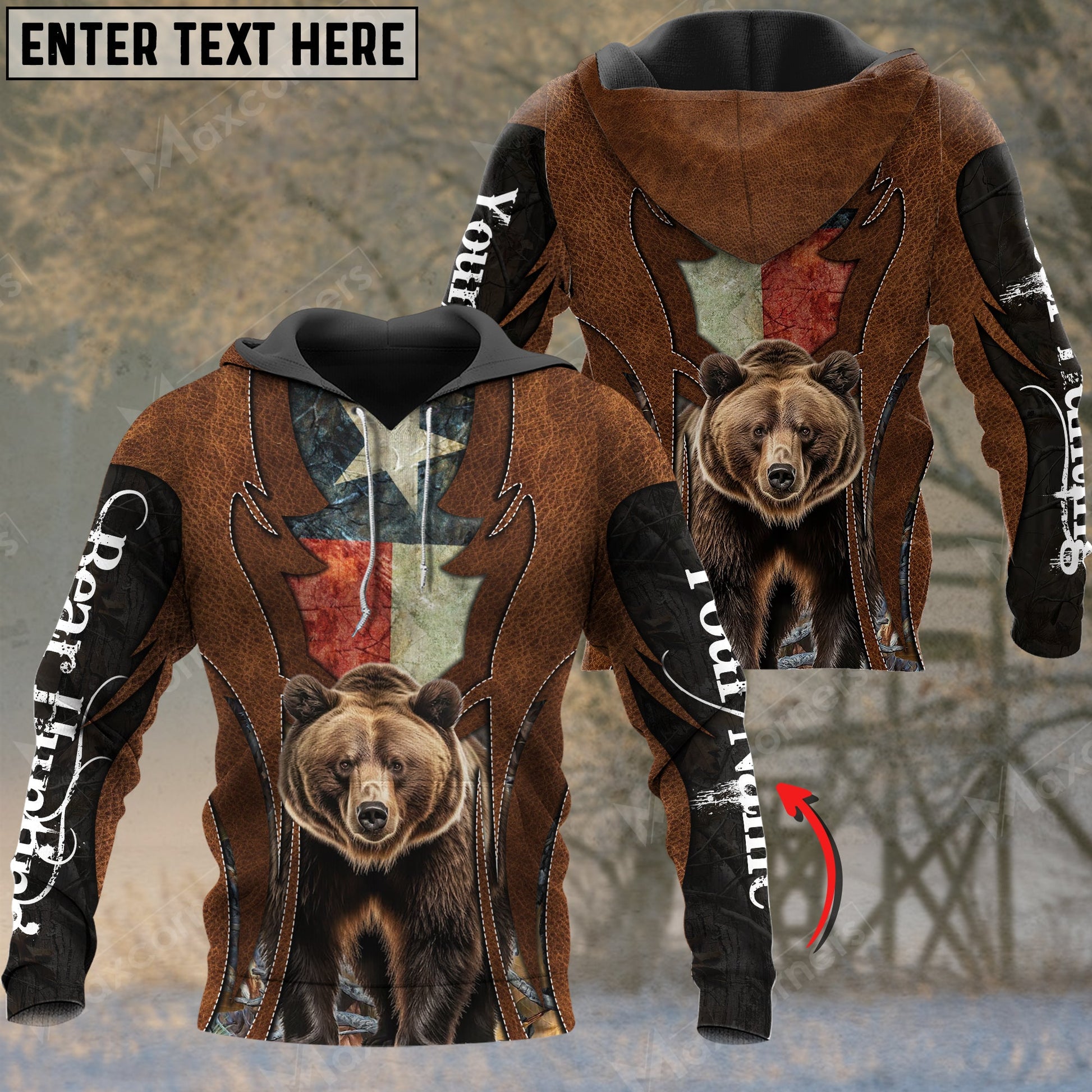 Custom Name Texas Flag Leather Pattern Bear Hunting Shirt 3D All Over Printed Clothes